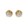 A pair of gold stud earrings with round-cut clear gemstones in a four-prong setting, displayed on a light beige background.