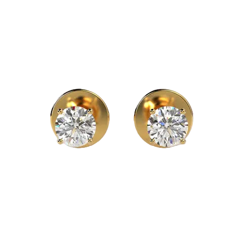 A pair of gold stud earrings with round-cut clear gemstones in a four-prong setting, displayed on a light beige background.