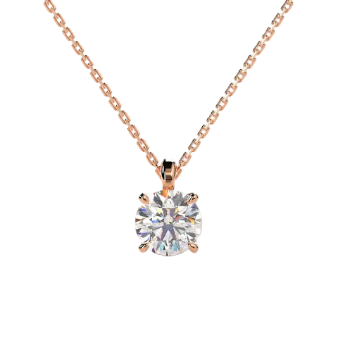 A rose gold solitaire necklace with a round brilliant-cut diamond pendant, shown against a light beige background.