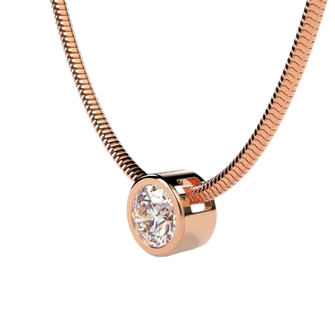 A rose gold snake chain necklace with a bezel-set oval clear gemstone pendant, shown against a neutral light beige background.
