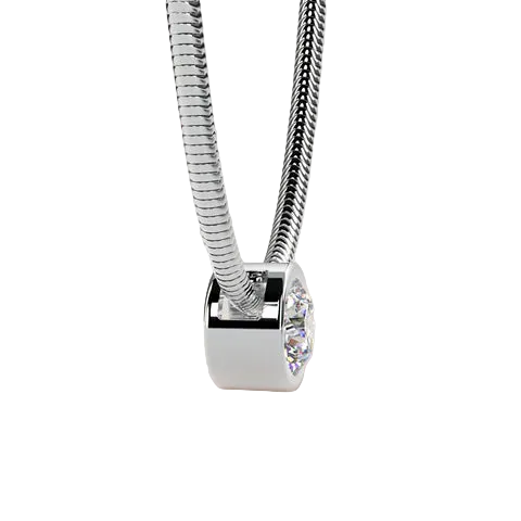 A silver-toned cylindrical charm bead on a silver snake chain, featuring a clear faceted gemstone, set against a solid light beige background.