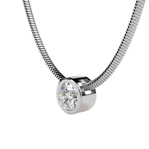 A silver-toned snake chain necklace with a polished bezel-set round clear gemstone pendant, shown against a soft light beige background.