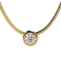 A gold snake chain necklace with a round bezel-set clear gemstone pendant, shown against a light beige background.