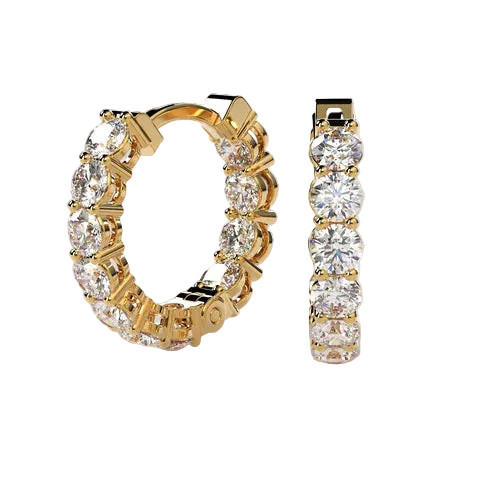 A pair of gold hoop earrings with a row of clear round-cut gemstones, shown from two angles on a light beige background.