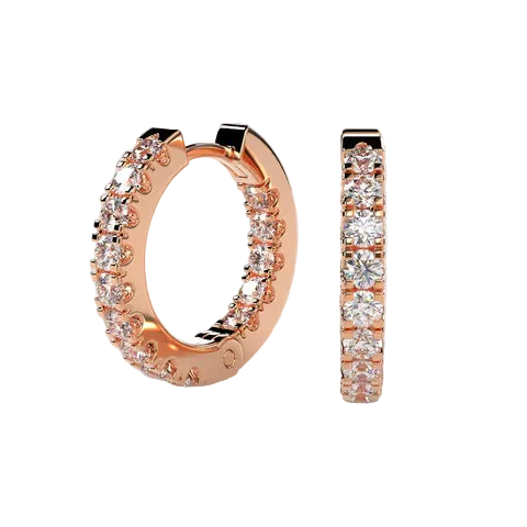 Rose gold huggie hoop earrings adorned with clear pavé gemstones, shown from both a three-quarter angle and a side profile view against a neutral beige background.