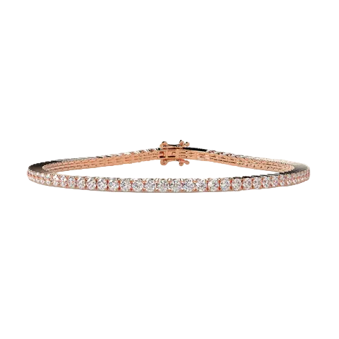 A rose gold tennis bracelet with a single row of clear round-cut gemstones, displayed on a neutral beige background.