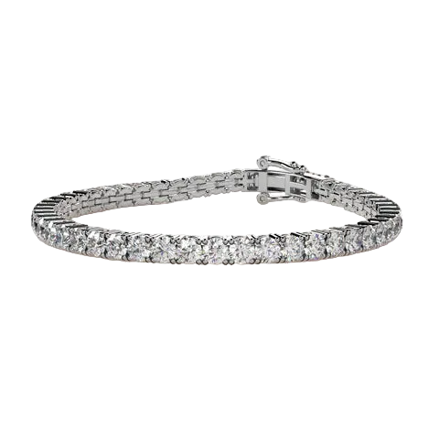 A silver tennis bracelet with a continuous row of clear round-cut gemstones, displayed on a solid light beige background.