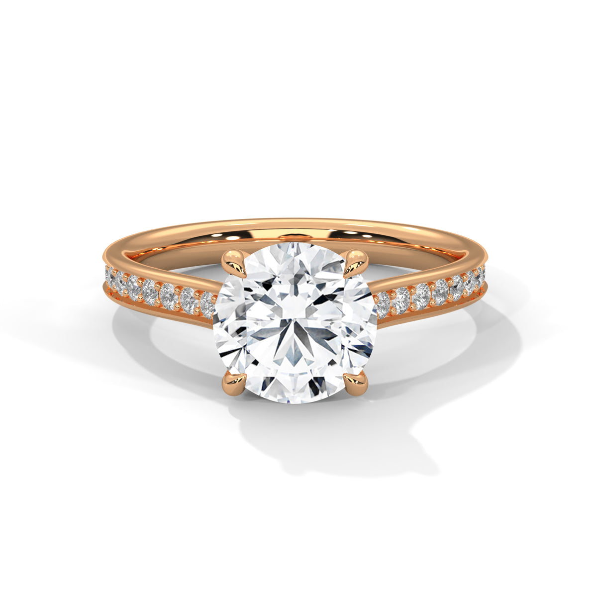 Rose gold ring with a large diamond and smaller diamonds on the band against a white background