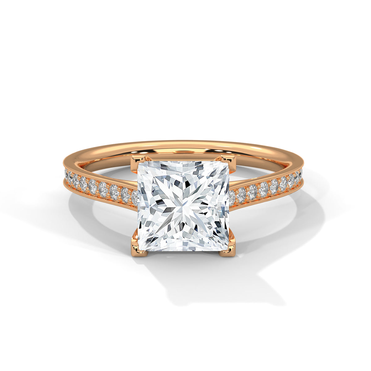 Rose gold ring with a large diamond and smaller diamonds on the band against a white background