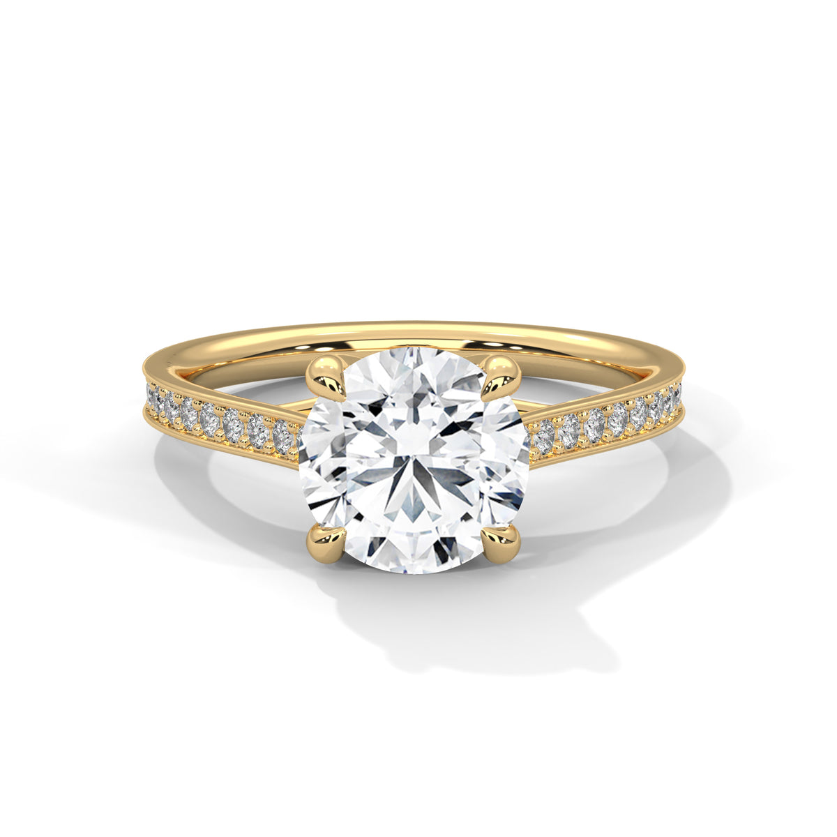 Gold ring with a large diamond and smaller diamonds on the band against a white background