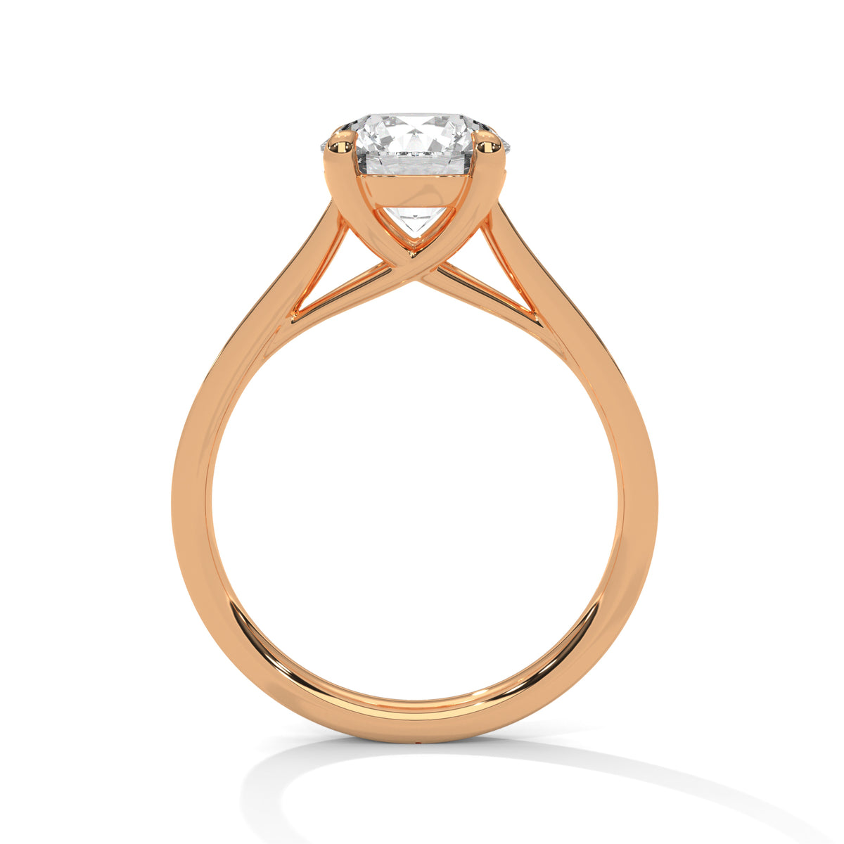 Rose gold ring with a diamond on a white background