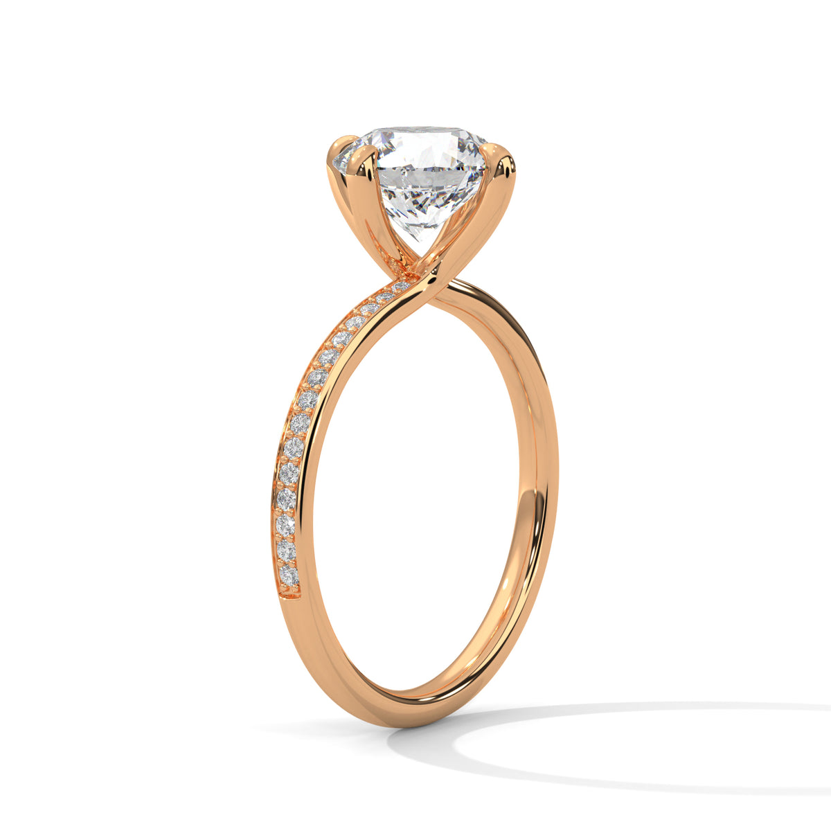 Rose gold ring with a diamond on a white background