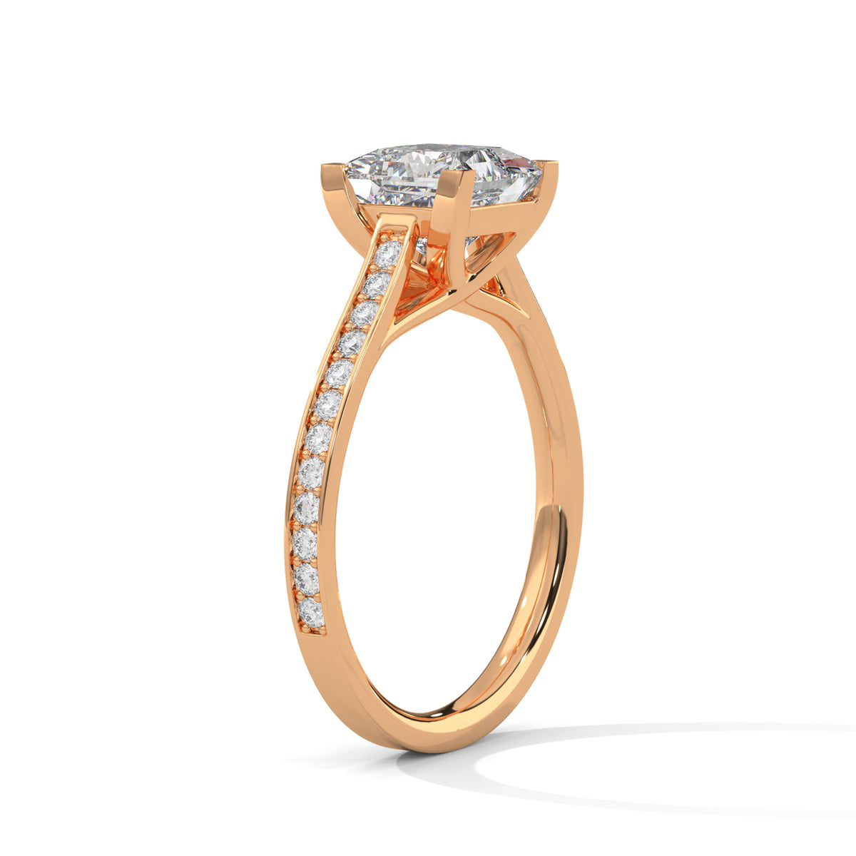 Rose gold ring with a diamond on a white background