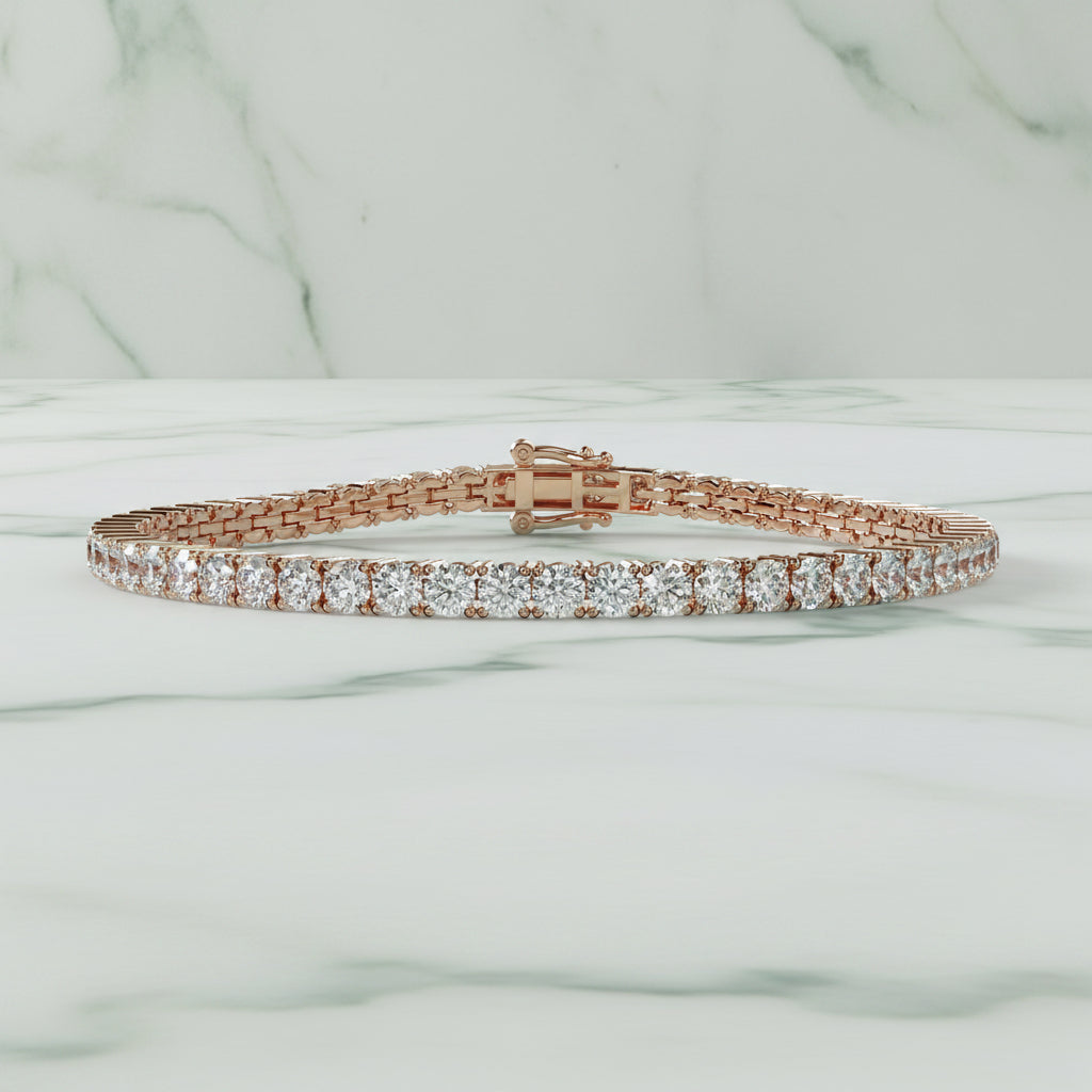 Rose gold bracelet with diamonds on a beige background