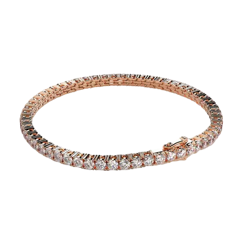 A rose gold tennis bracelet with a continuous row of round-cut clear gemstones, displayed on a neutral light beige background.
