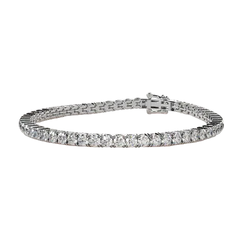 A silver tennis bracelet with a continuous row of round-cut clear gemstones, displayed on a solid light beige background.