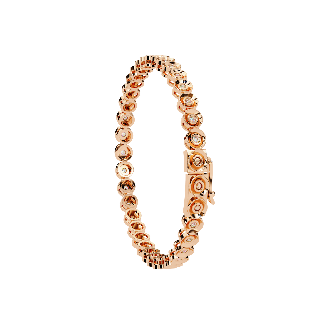 Rose gold bracelet with small diamonds on a white background