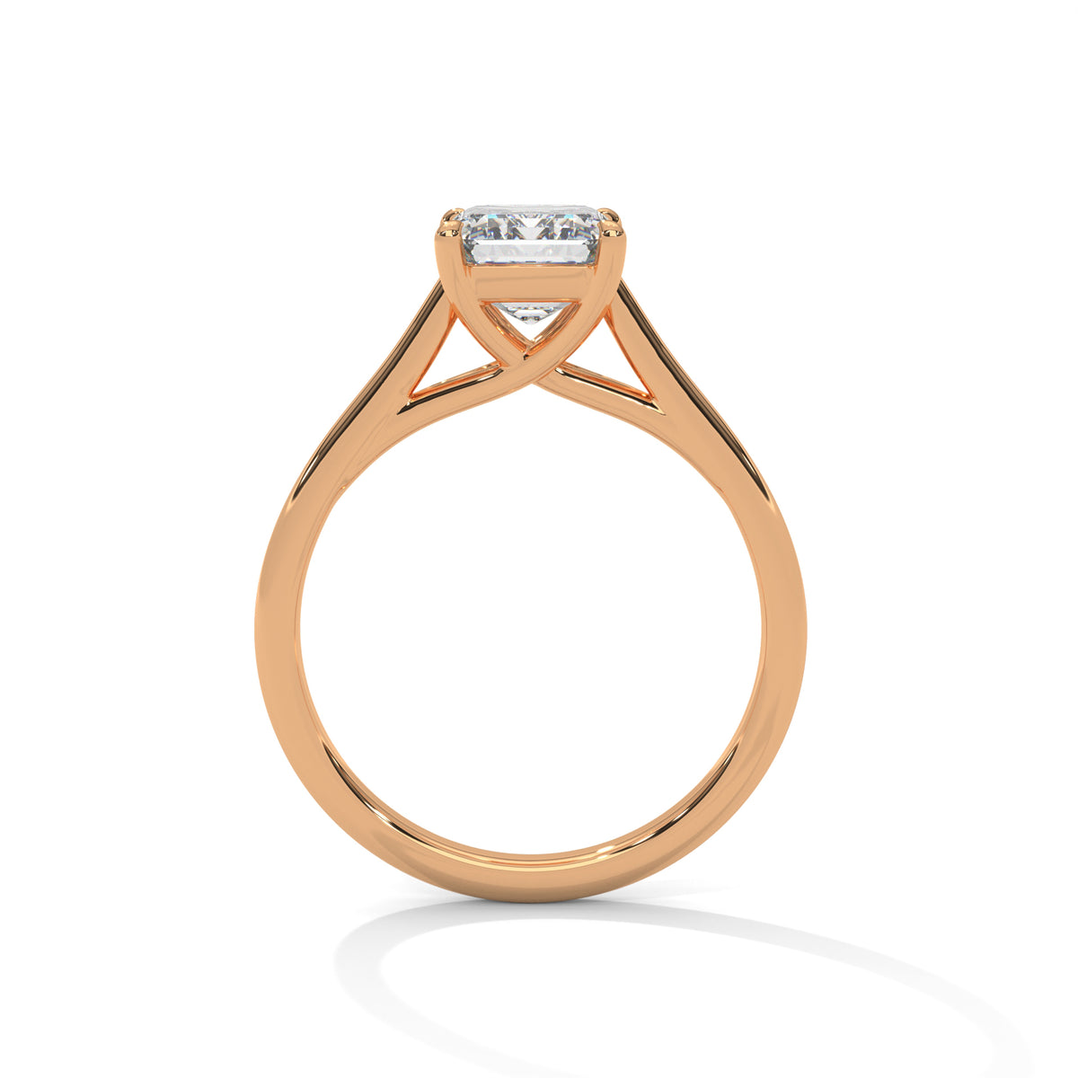 Rose gold ring with a diamond on a white background