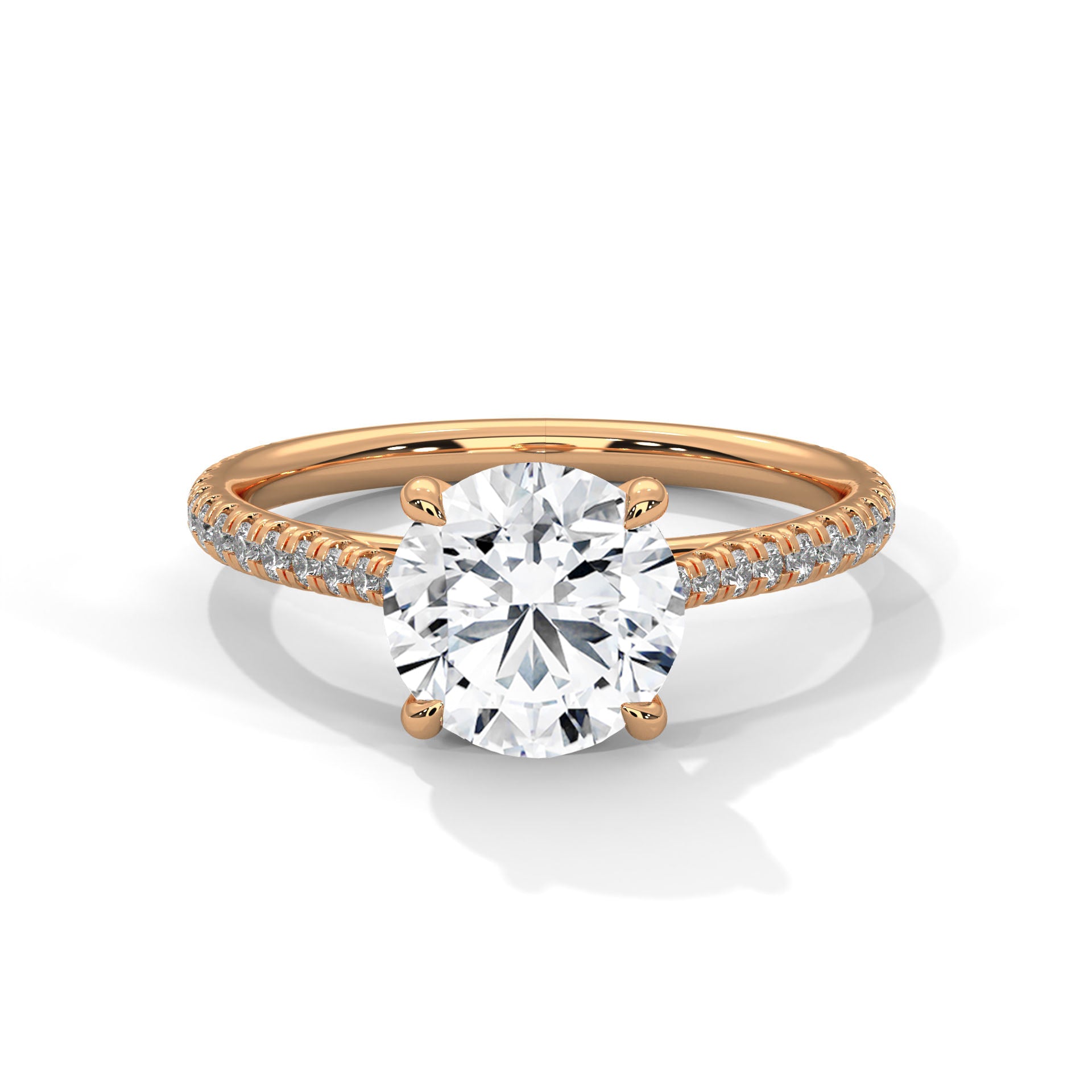 Rose gold ring with a large diamond and smaller diamonds on the band against a white background