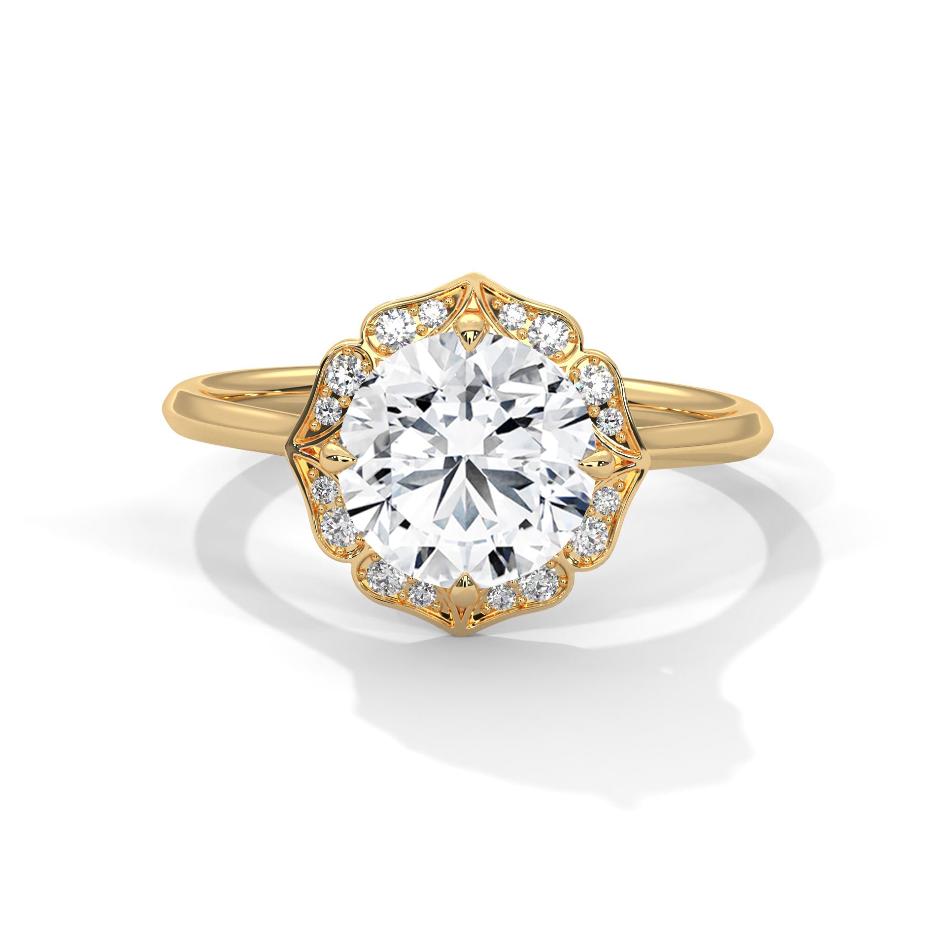 Vintage Floral Halo Round Diamond Engagement Ring