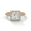 Gold ring with a large diamond and smaller diamonds on the band against a white background