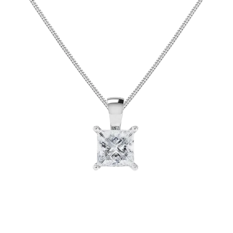 A princess-cut diamond pendant necklace in a silver four-prong setting on a delicate silver chain, shown against a white background with a soft reflection below.