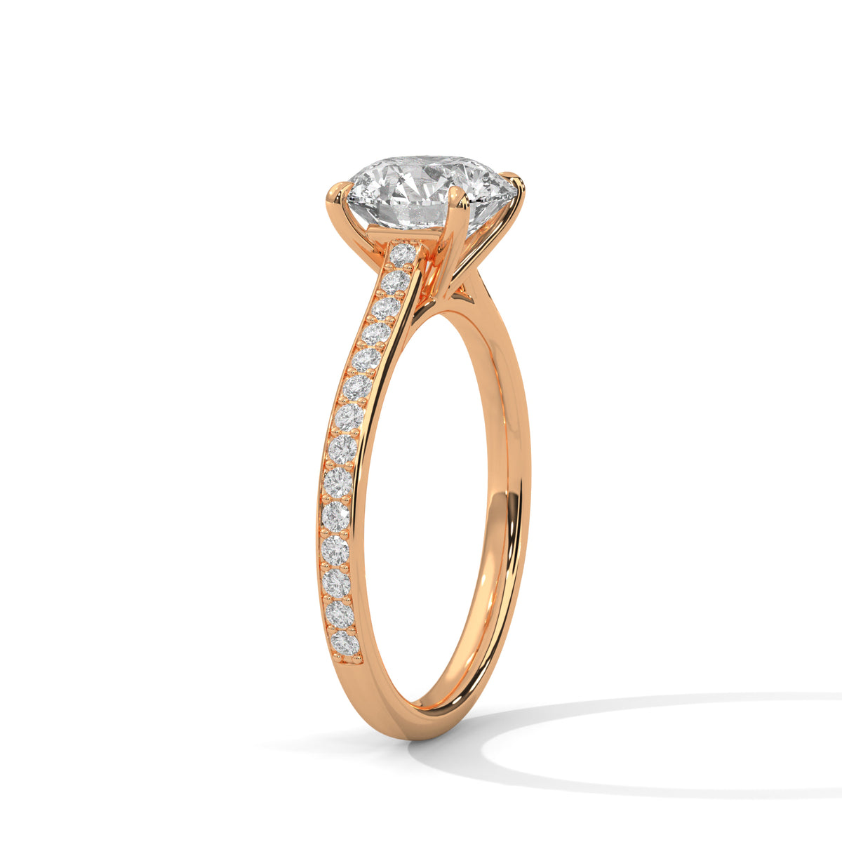 Rose gold ring with a large diamond and smaller diamonds on the band against a white background