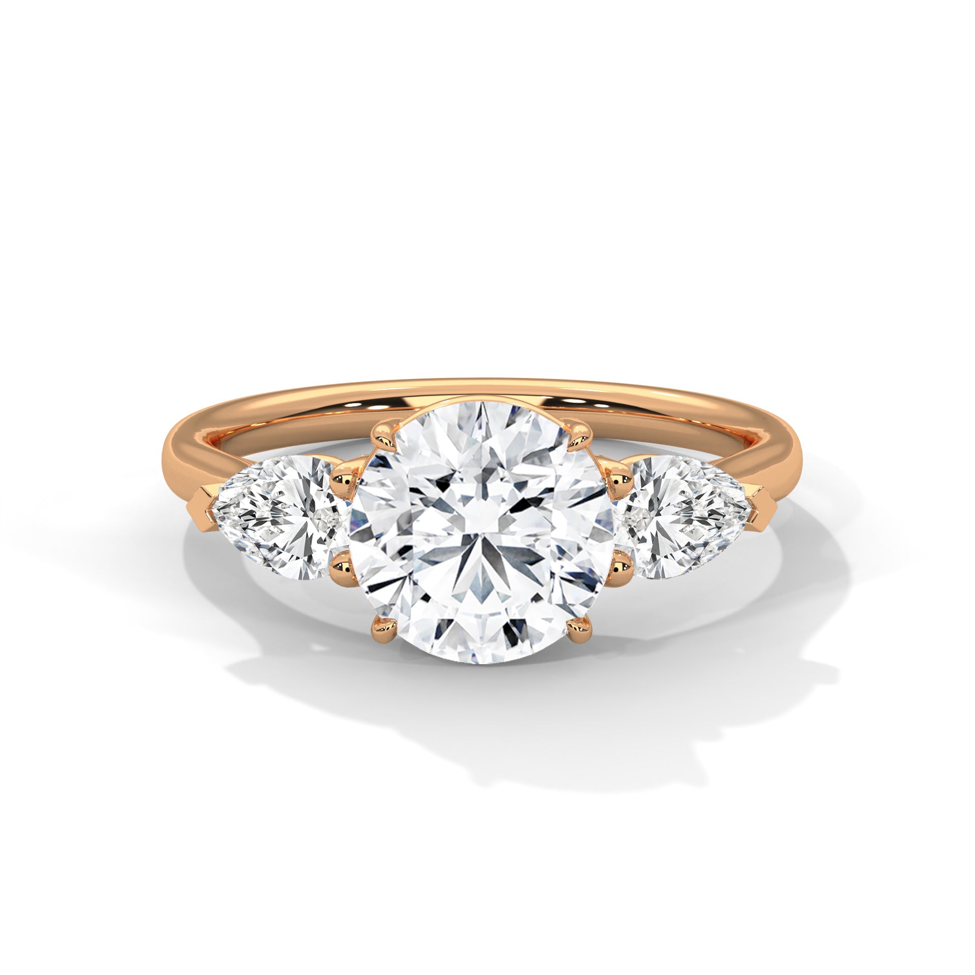 Rose gold and white gold ring with three diamonds on a white background