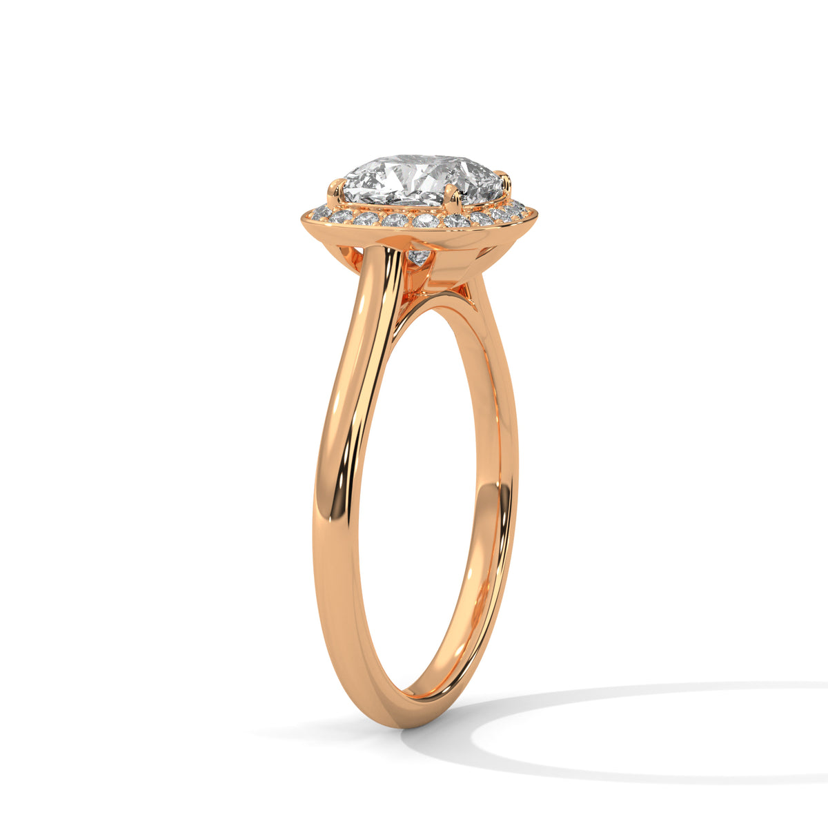 Rose gold ring with a diamond on a white background