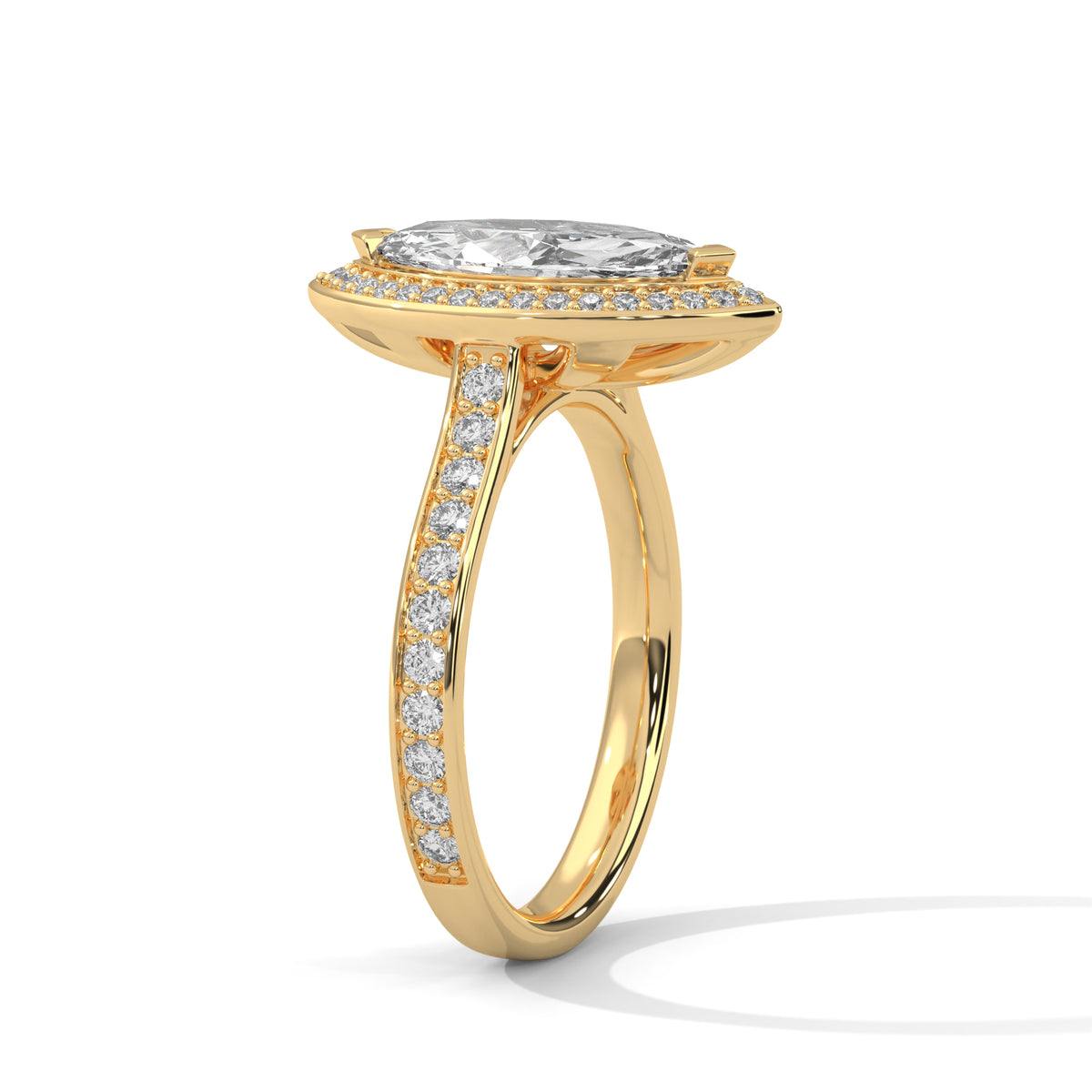 Gold ring with a diamond on a white background