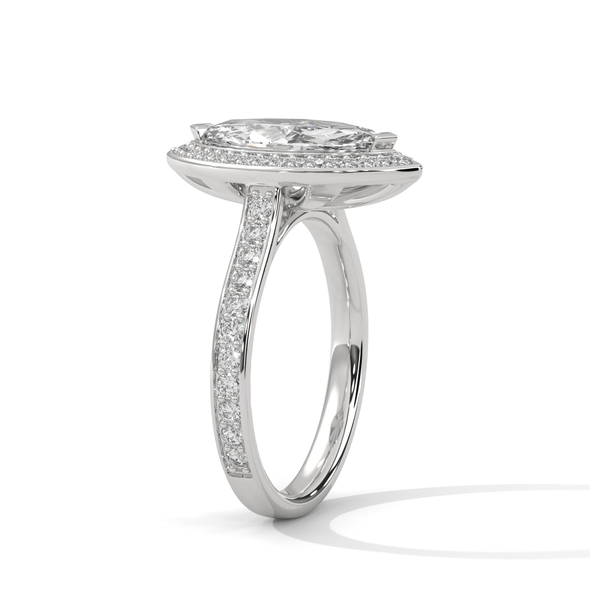 Silver ring with diamond accents on a white background