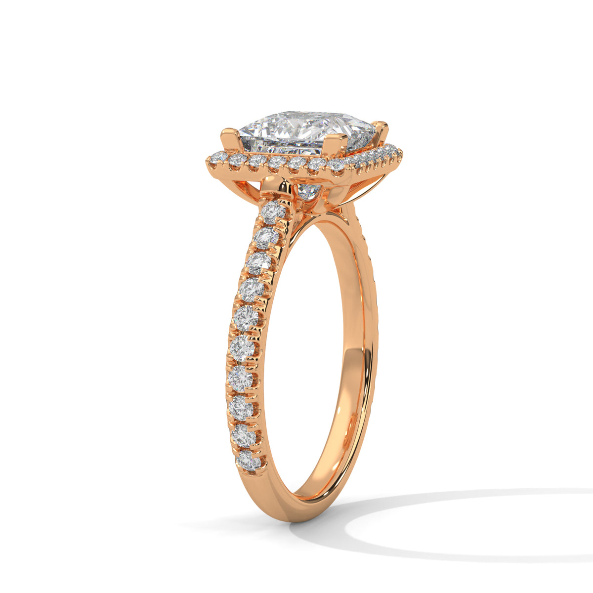 Rose gold ring with diamond accents on a white background