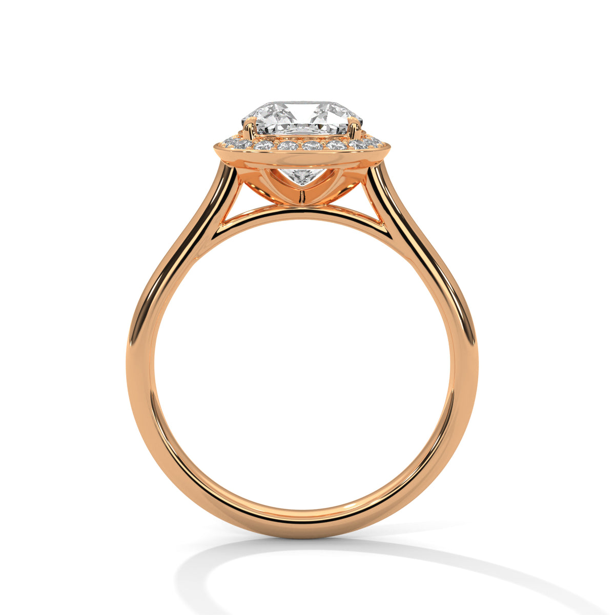 Rose gold ring with a diamond on a white background
