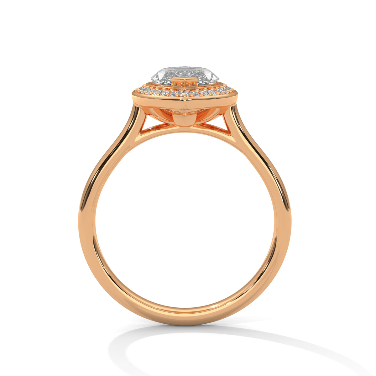 Rose gold ring with a diamond on a white background