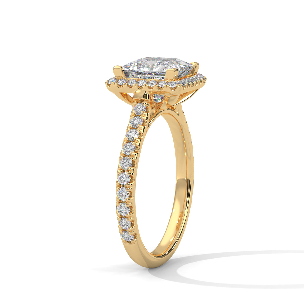 Gold ring with diamond accents on a white background