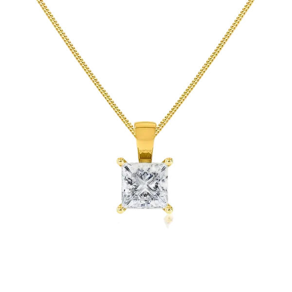 A yellow gold necklace with a princess-cut clear gemstone pendant, displayed on a clean white background with a soft reflection below.