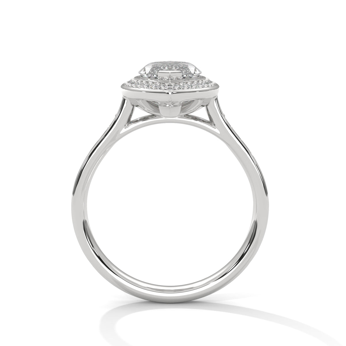 Silver ring with a diamond in the center on a white background