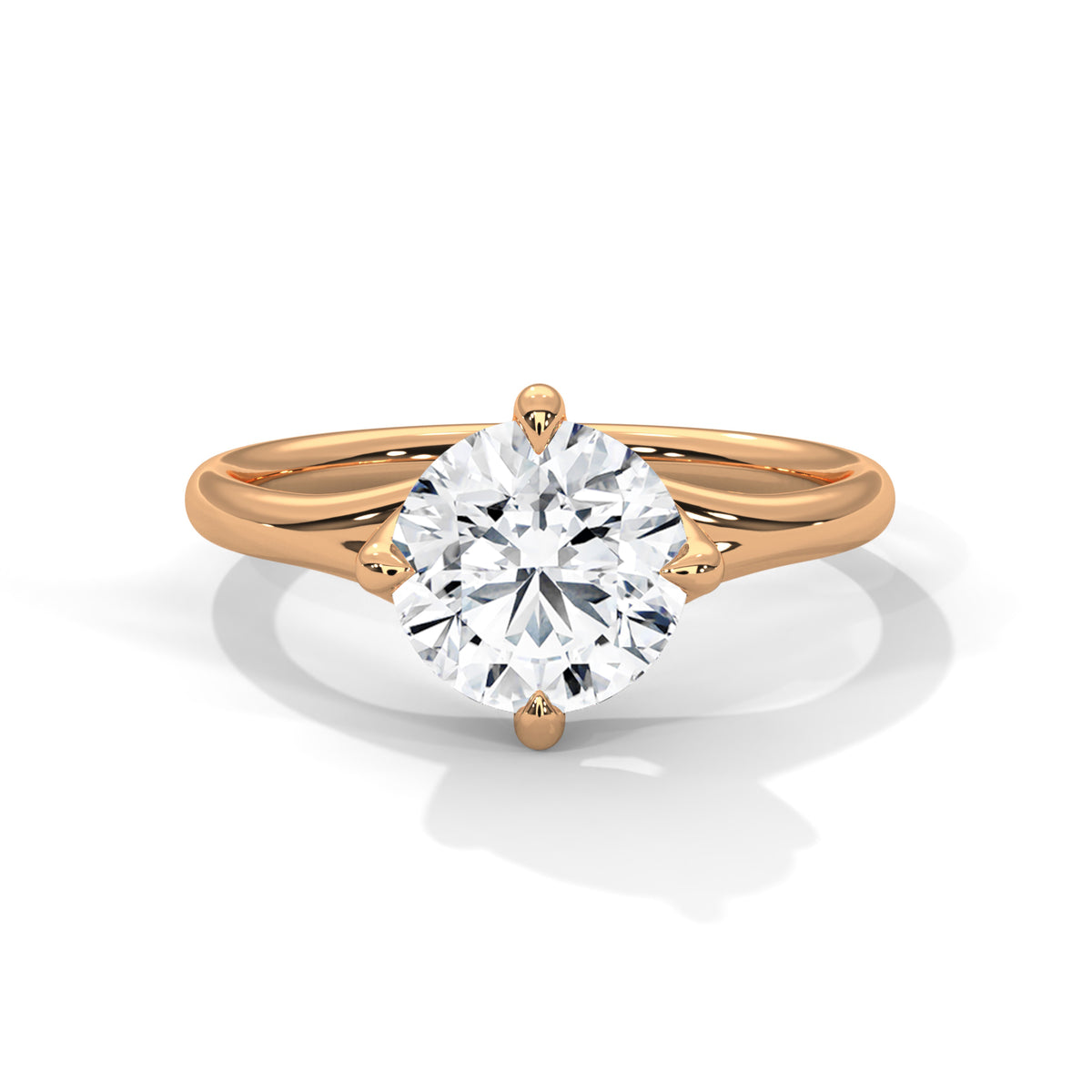 Rose gold ring with a large diamond on a white background