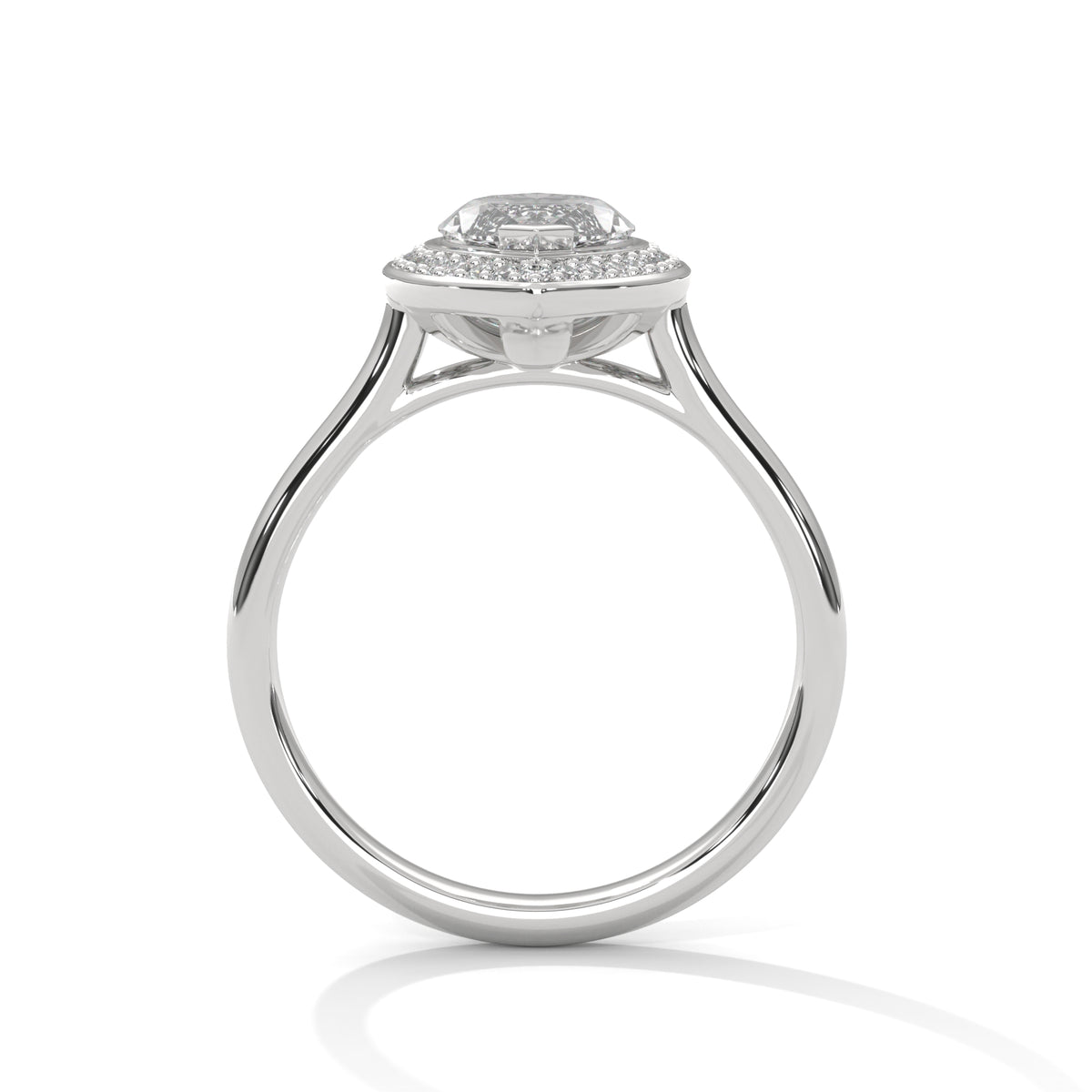Silver ring with a diamond halo on a white background