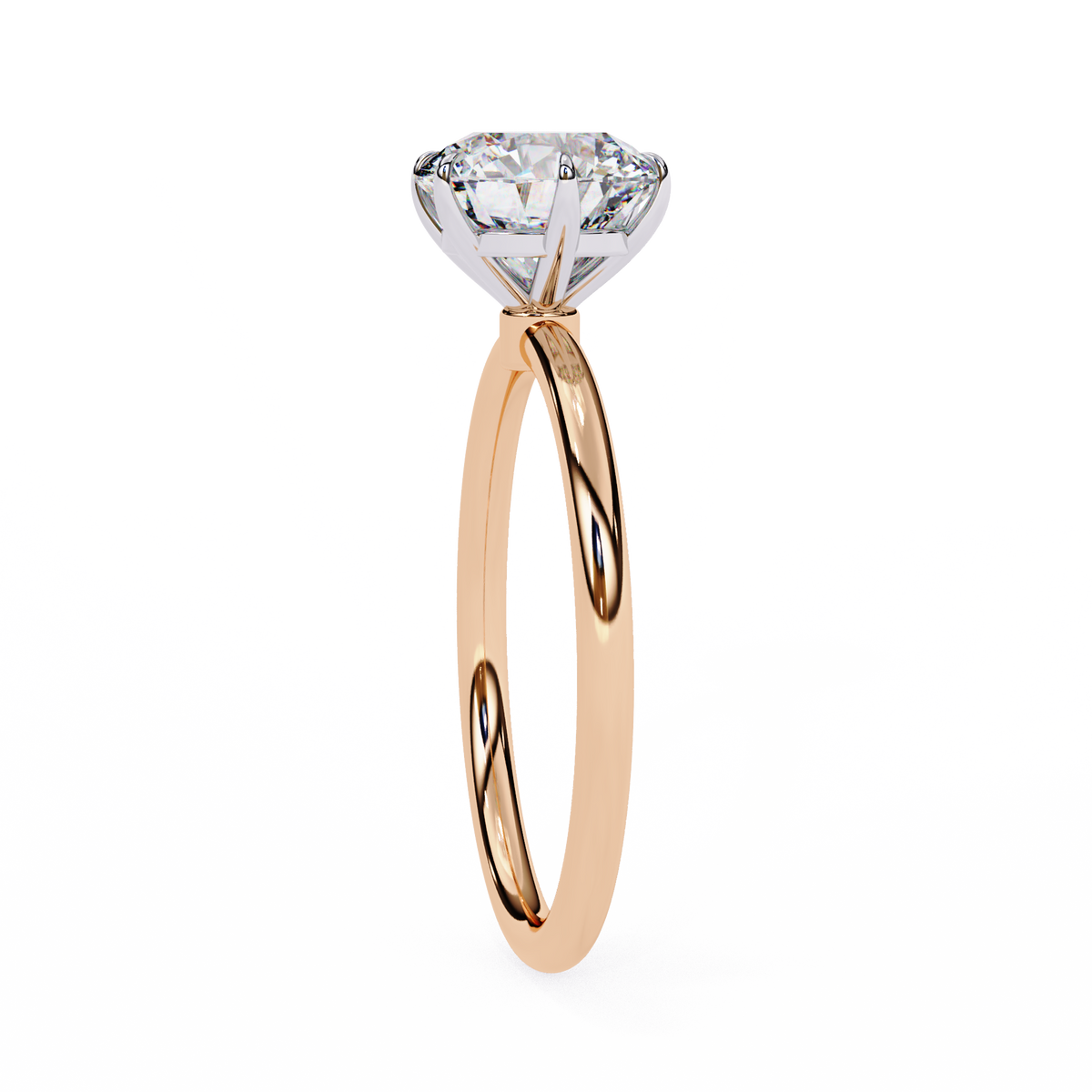Rose gold ring with a large diamond on a white background