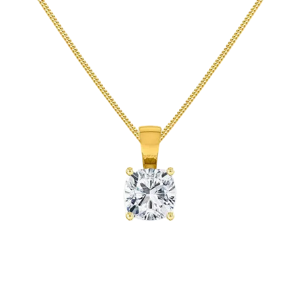 Gold necklace with a diamond pendant on a white background