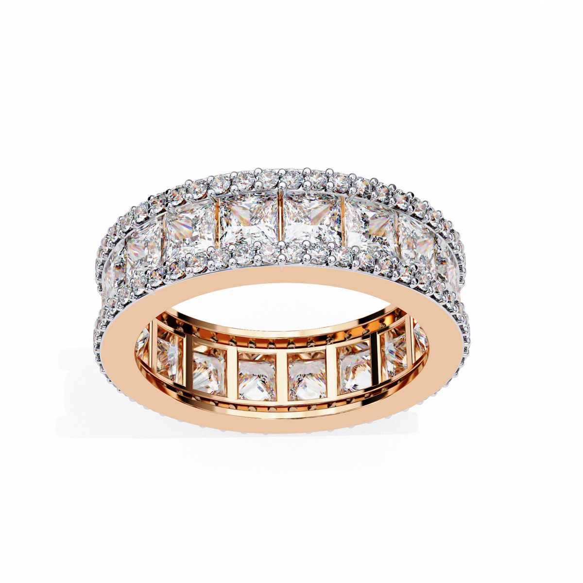 Rose gold and silver ring with diamond accents on a white background