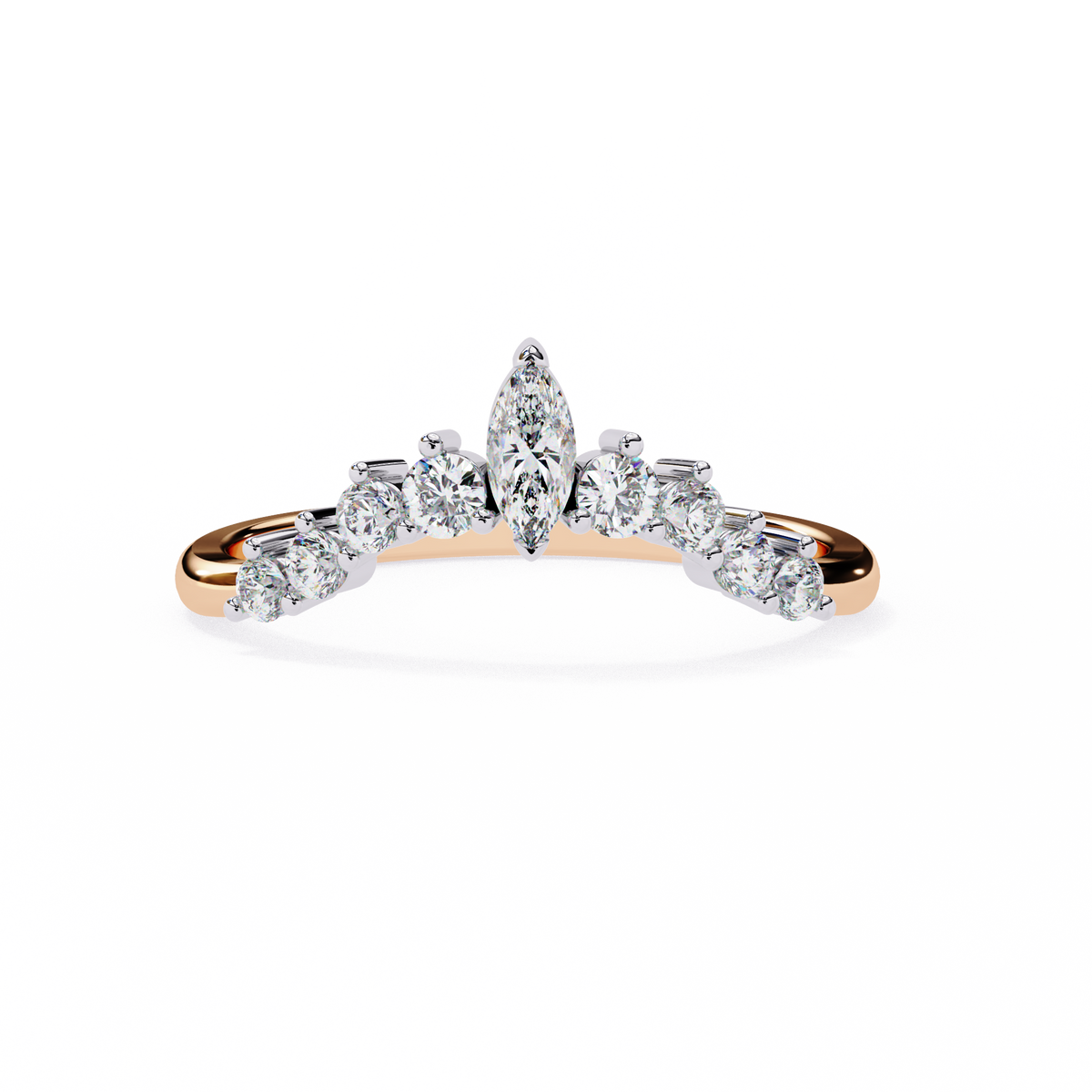 Diamond ring with rose gold band on a white background