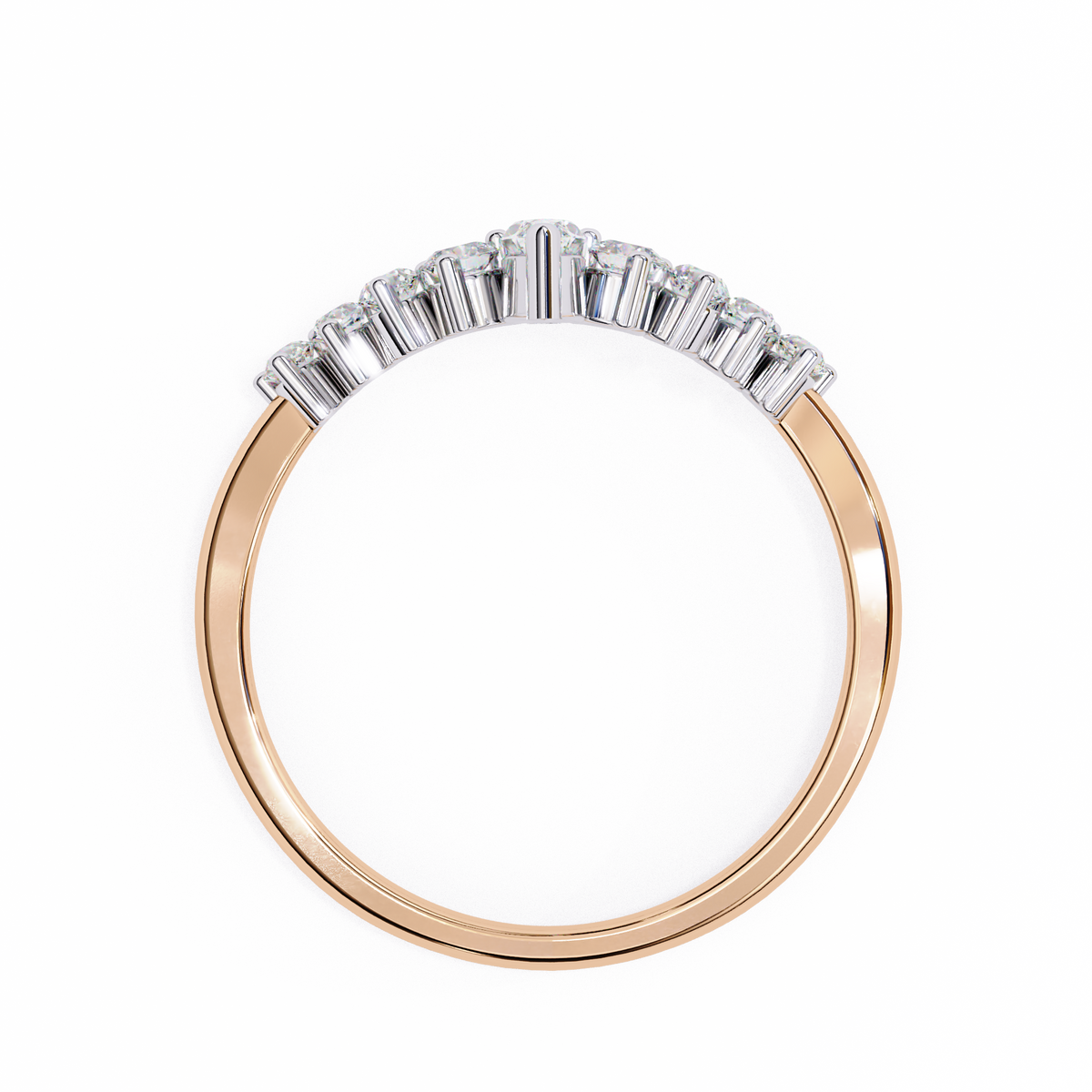 Rose gold ring with baguette cut diamonds on a white background