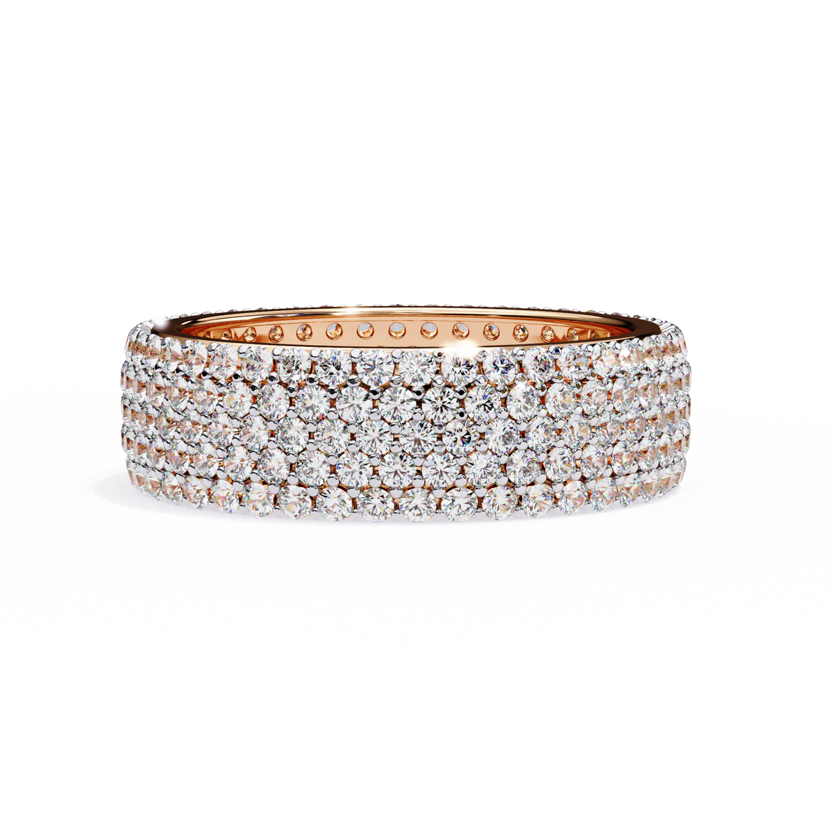 Rose gold and diamond ring on a white background