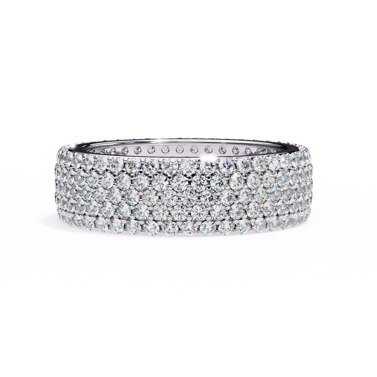 Silver ring with multiple rows of diamonds on a white background