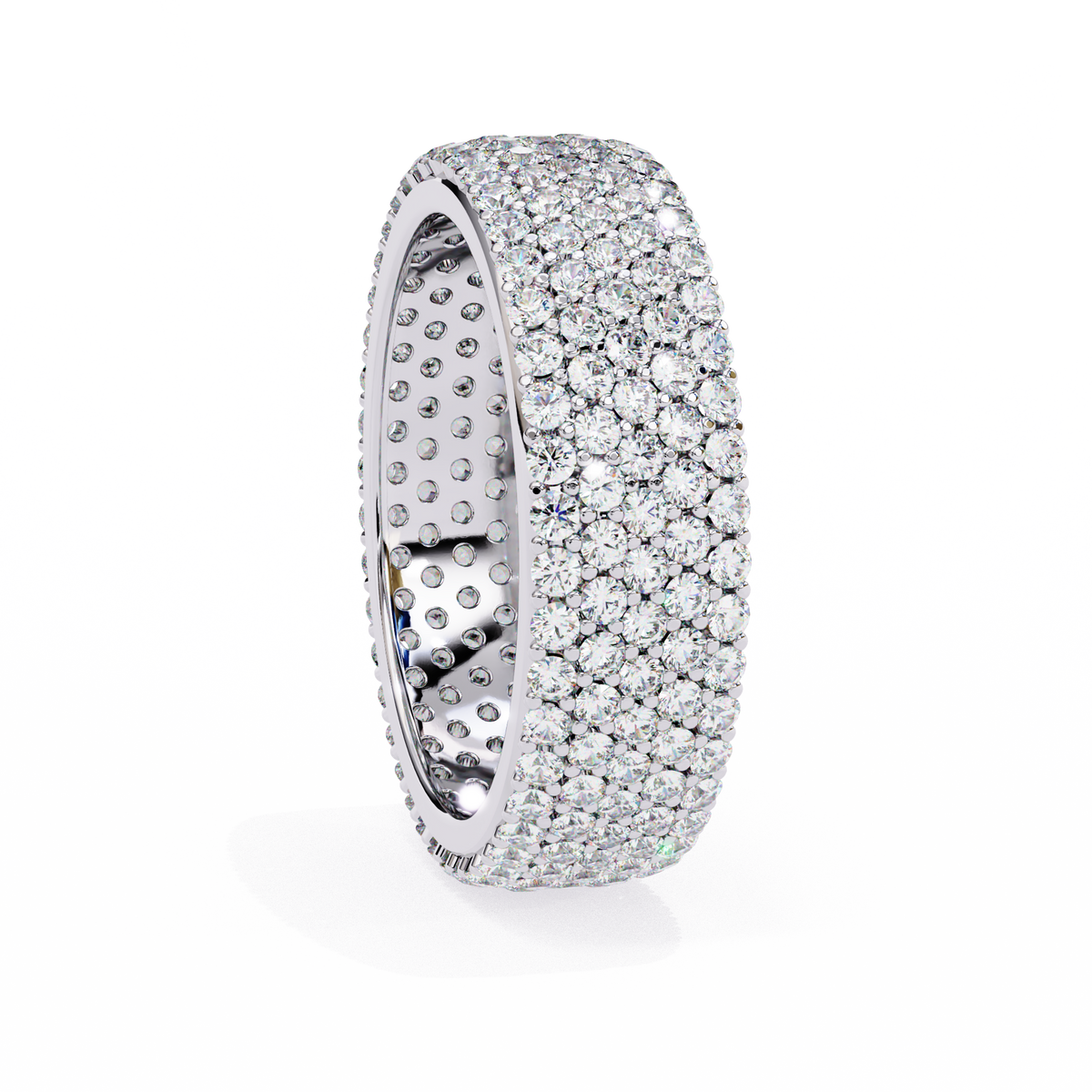 Silver ring with embedded diamonds on a white background