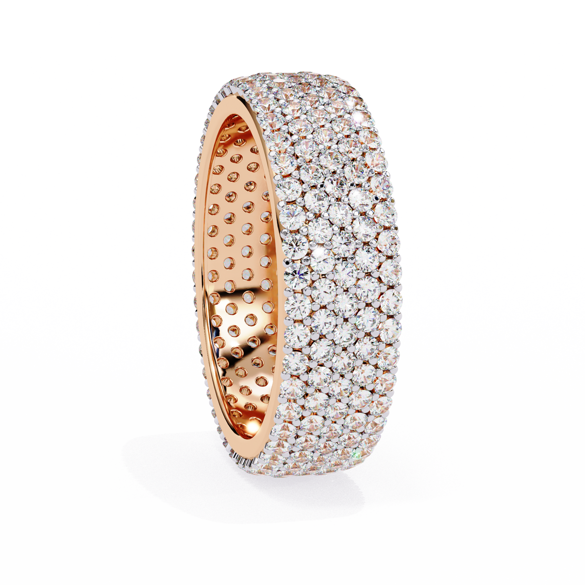 Rose gold ring with diamond accents on a white background