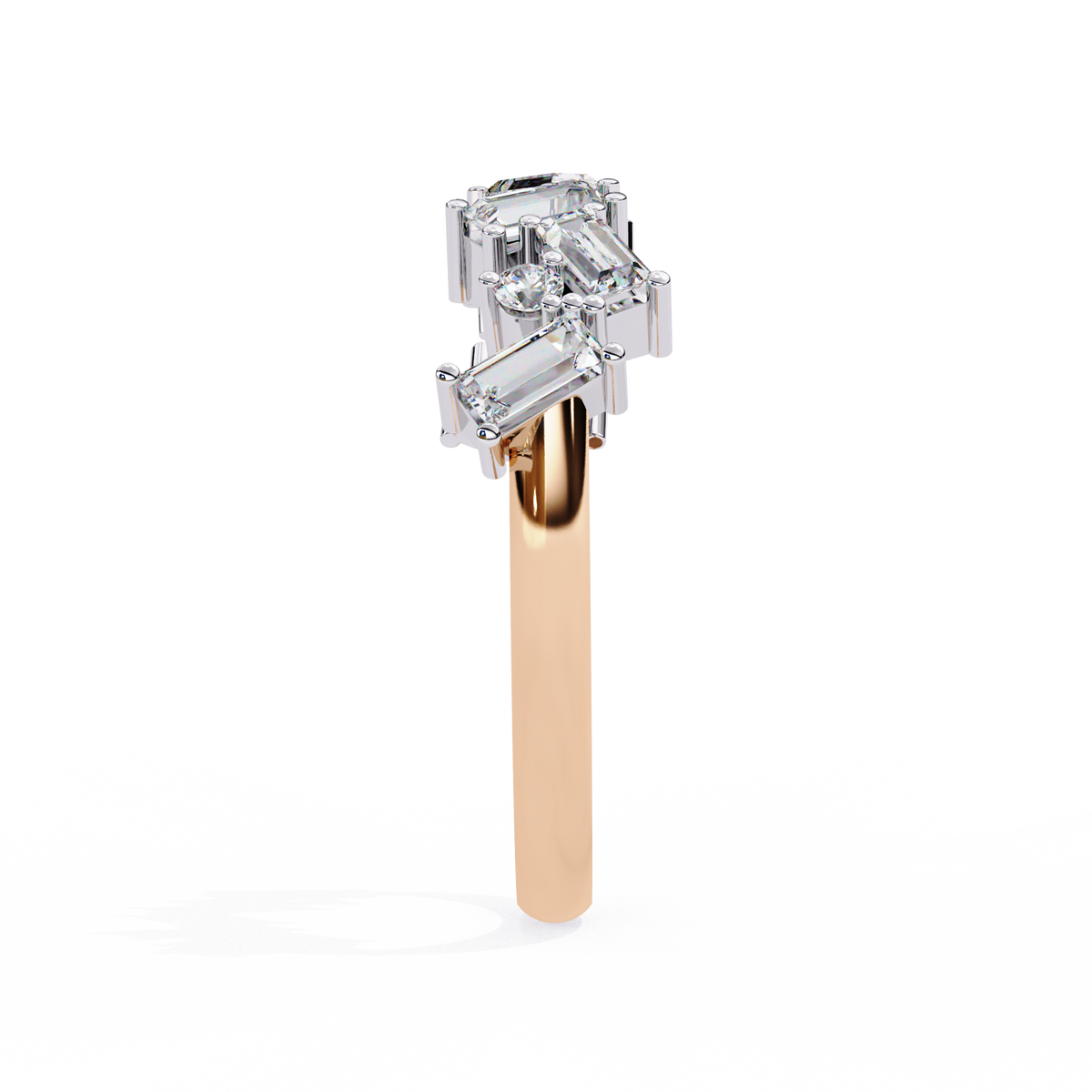 Rose gold ring with a diamond on a white background