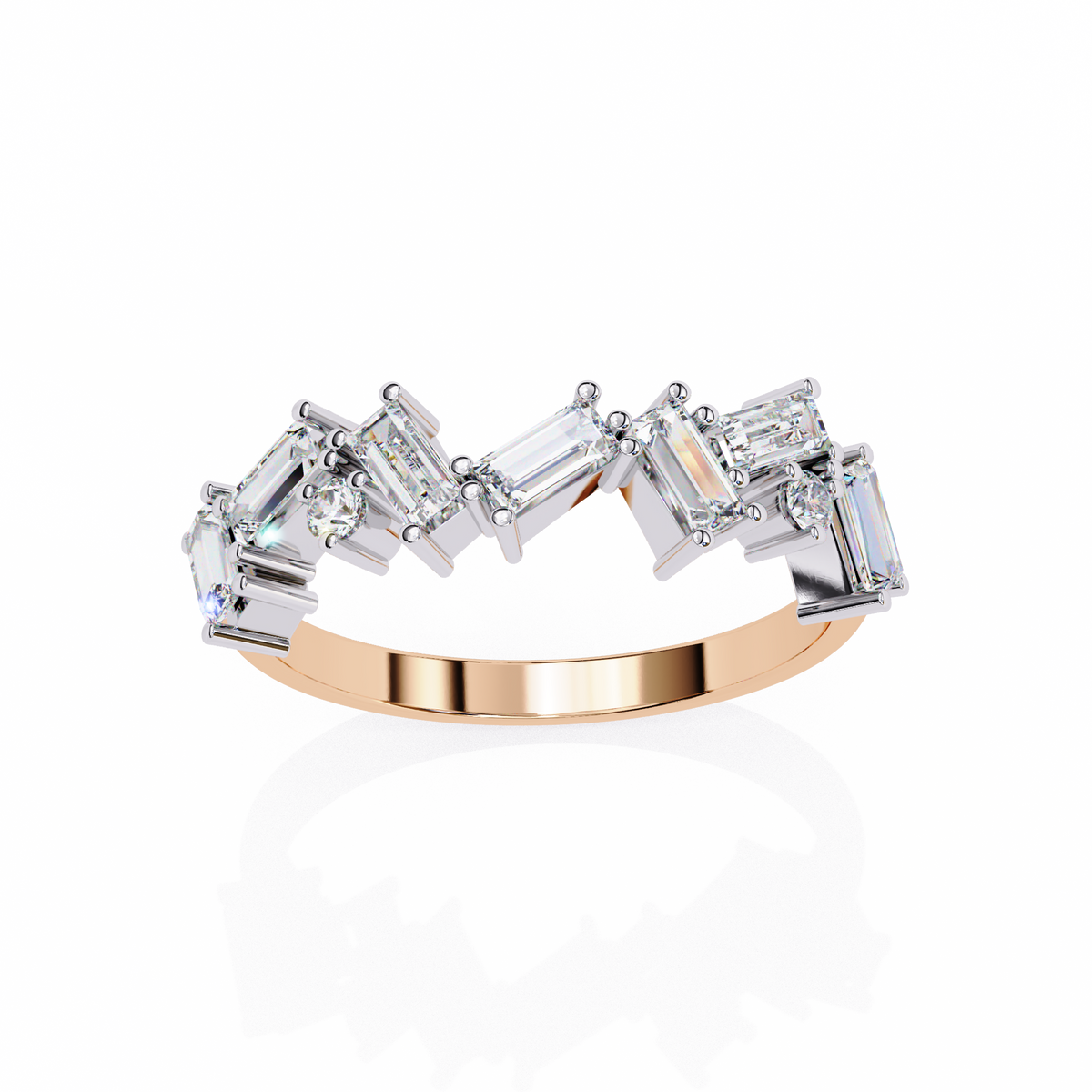 Diamond ring with a rose gold band on a white background